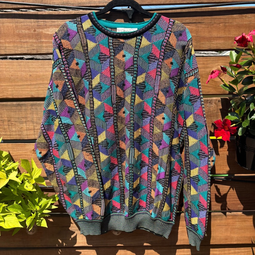 St. Croix Knits Sweater Mens L Multi Geometric Excellent Vintage 3D Texture